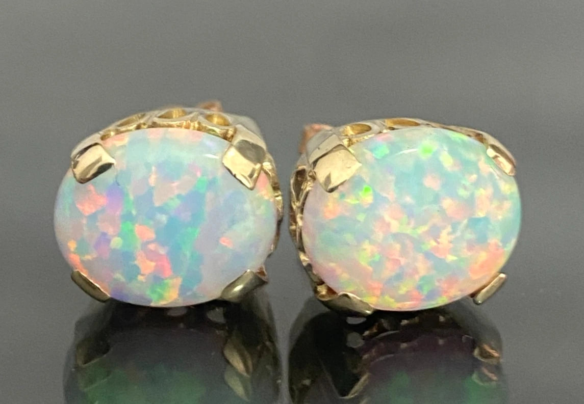 9K Yellow Gold Large Synthetic Opal Stone Set Stud Earrings