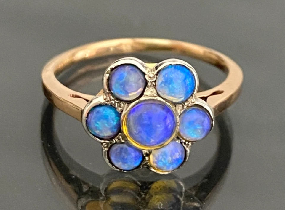 14K Rose Gold & Opal Floral Cluster Ring Size M (US 6.25) - Art Deco Jewellery