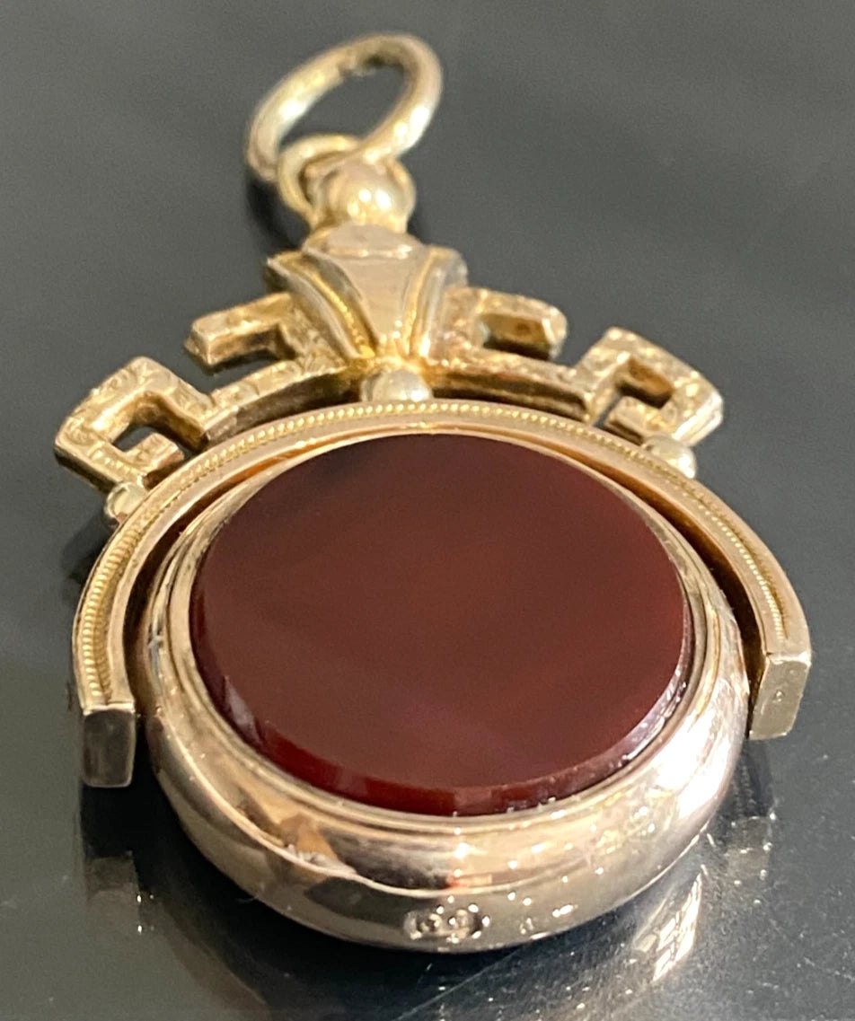 Antique Victorian 9K Yellow Gold Bloodstone Carnelian Swivel Fob Pendant 55mm