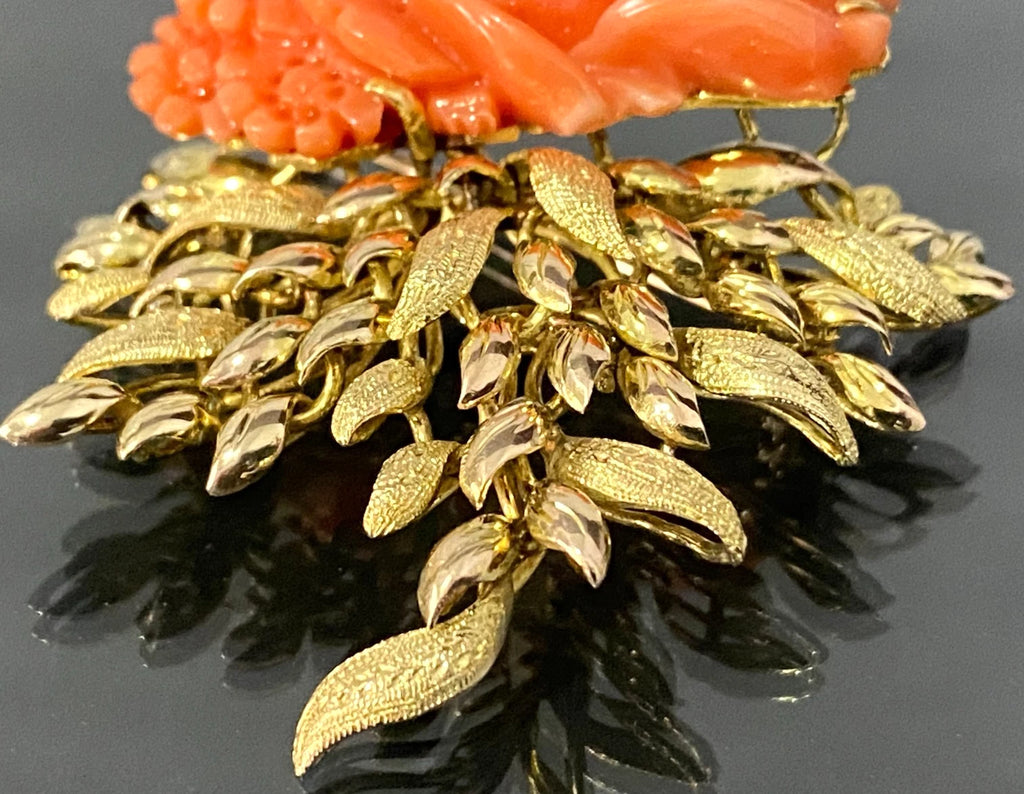 Art Deco 18K Yellow Gold & Carved Coral Brooch 57mm High