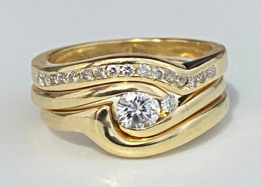 18K Yellow Gold & 0.42CT Diamond 3 Parts Bridal Set Ring Size L 1/2 - 5 7/8