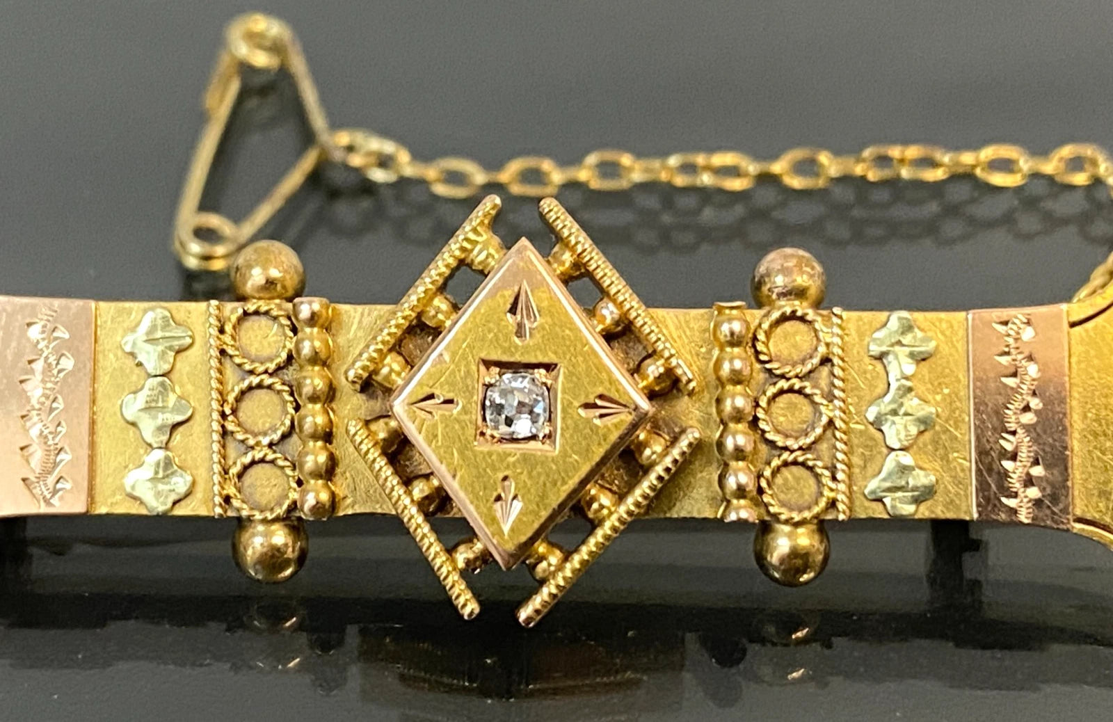 Victorian Australian 15K Yellow Gold Diamond Etruscan revival Bar Brooch 40mm