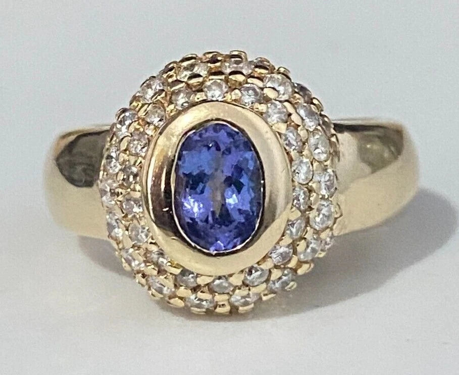 Heavy 14K Yellow Gold W/ Tanzanite & 0.60CT Diamond Ring Size K 1/2 - 5 3/8