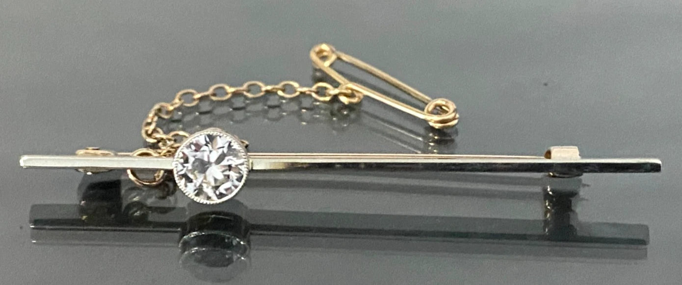 Art Deco 9K Yellow Gold with White Sapphire Bar Brooch 53mm Long