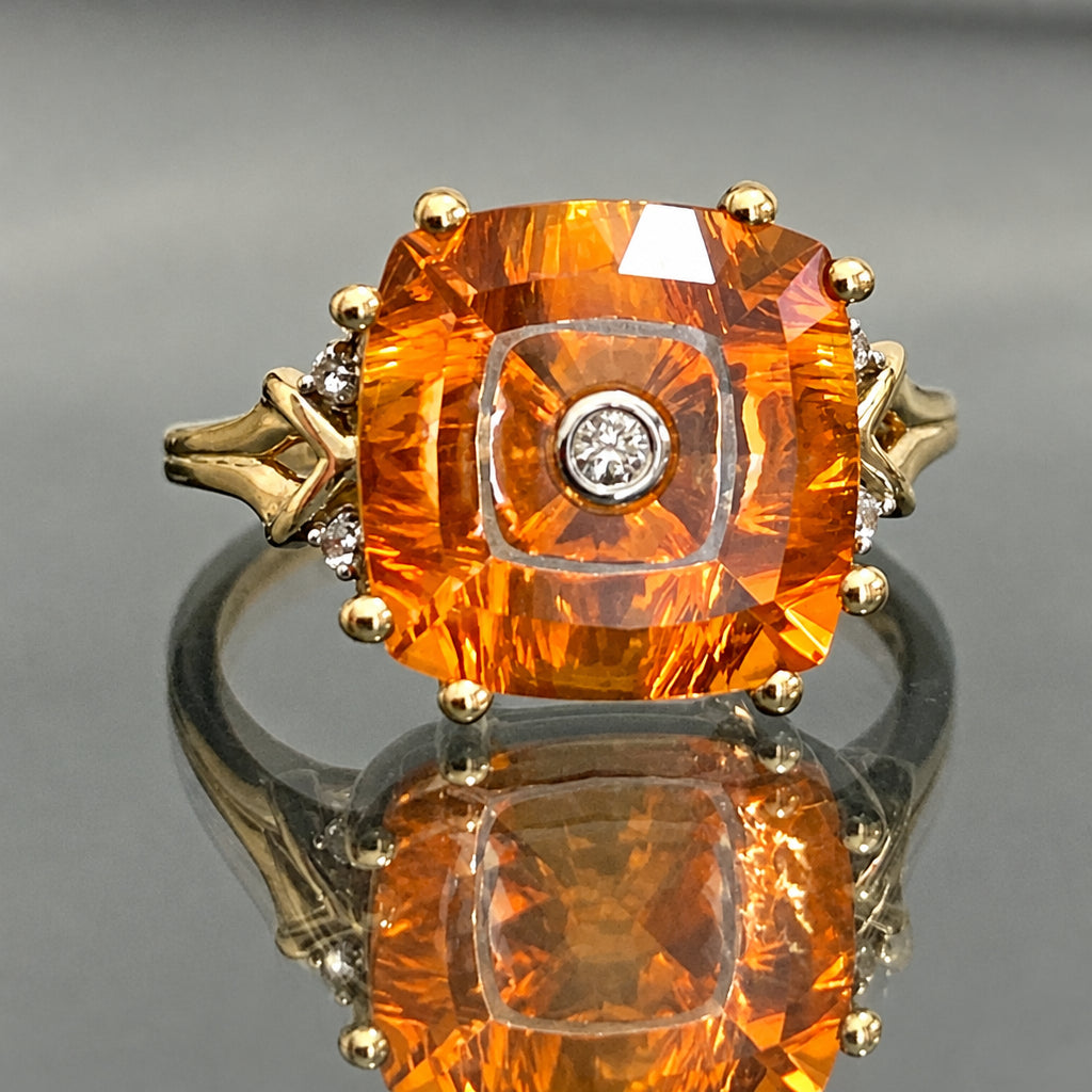10K Yellow Gold Quasar Cut Orange Quartz Diamond Cocktail Ring Size N (US 6.75)