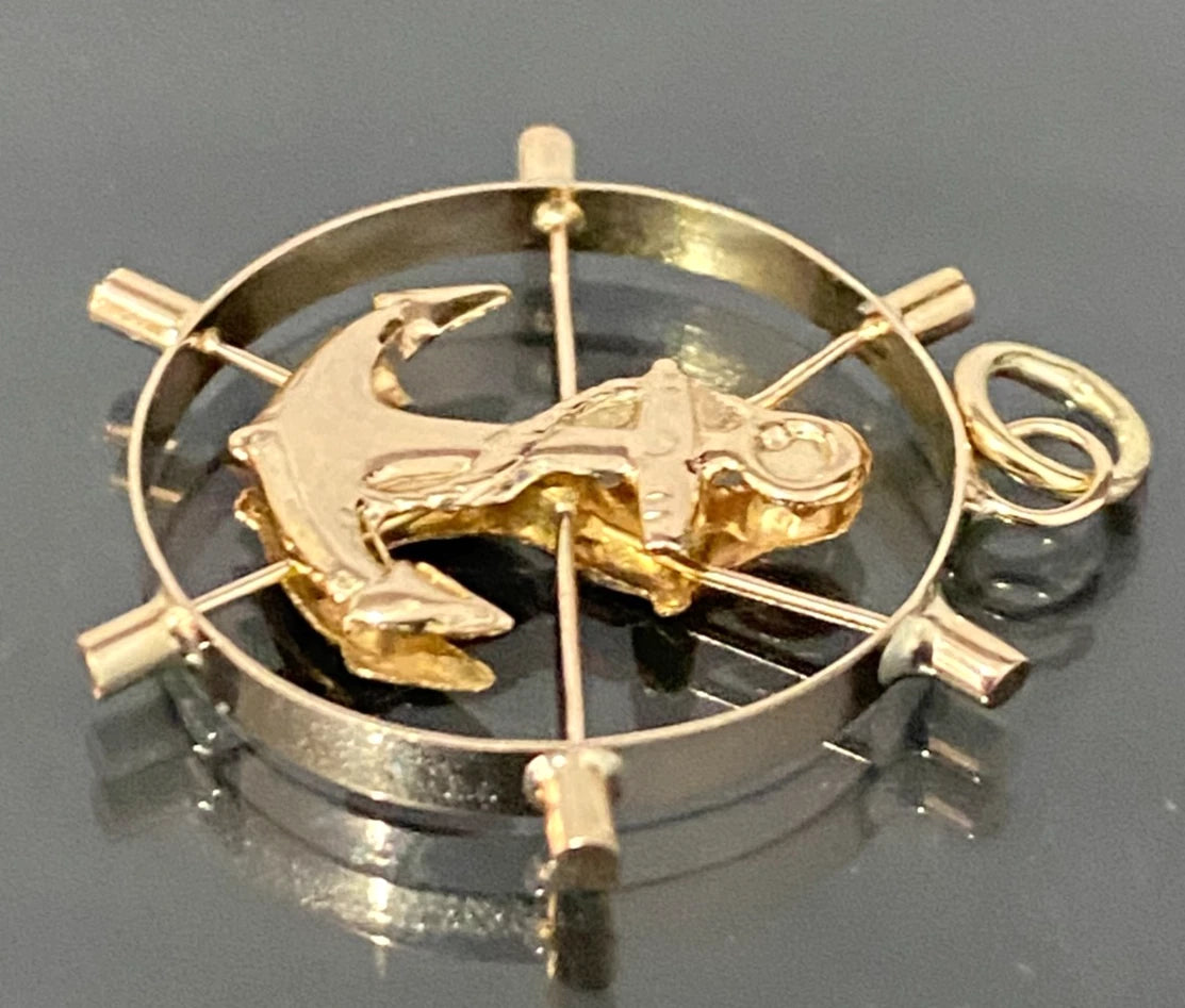 Vintage 14K Yellow Gold Ship's Wheel and Anchor Pendant