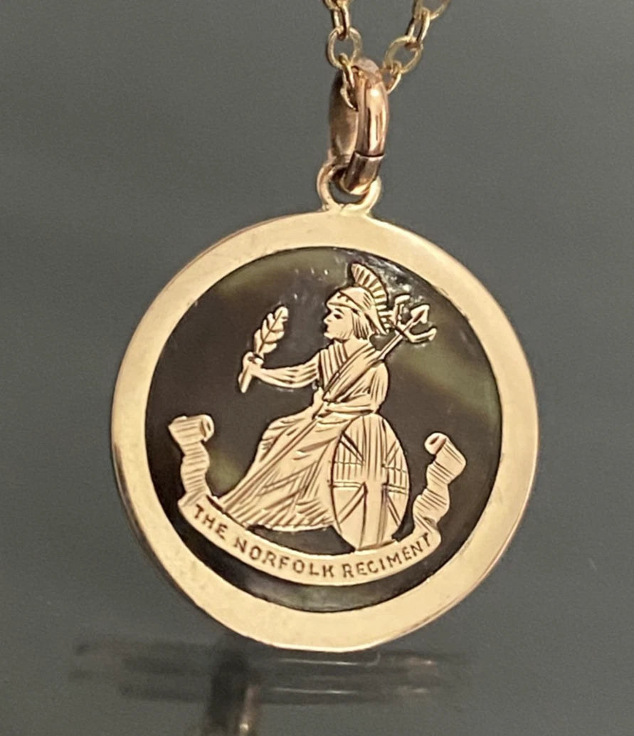 Antique WWI 9ct Rose Gold Norfolk Regiment Tortoiseshell Pendant – Circa 1914