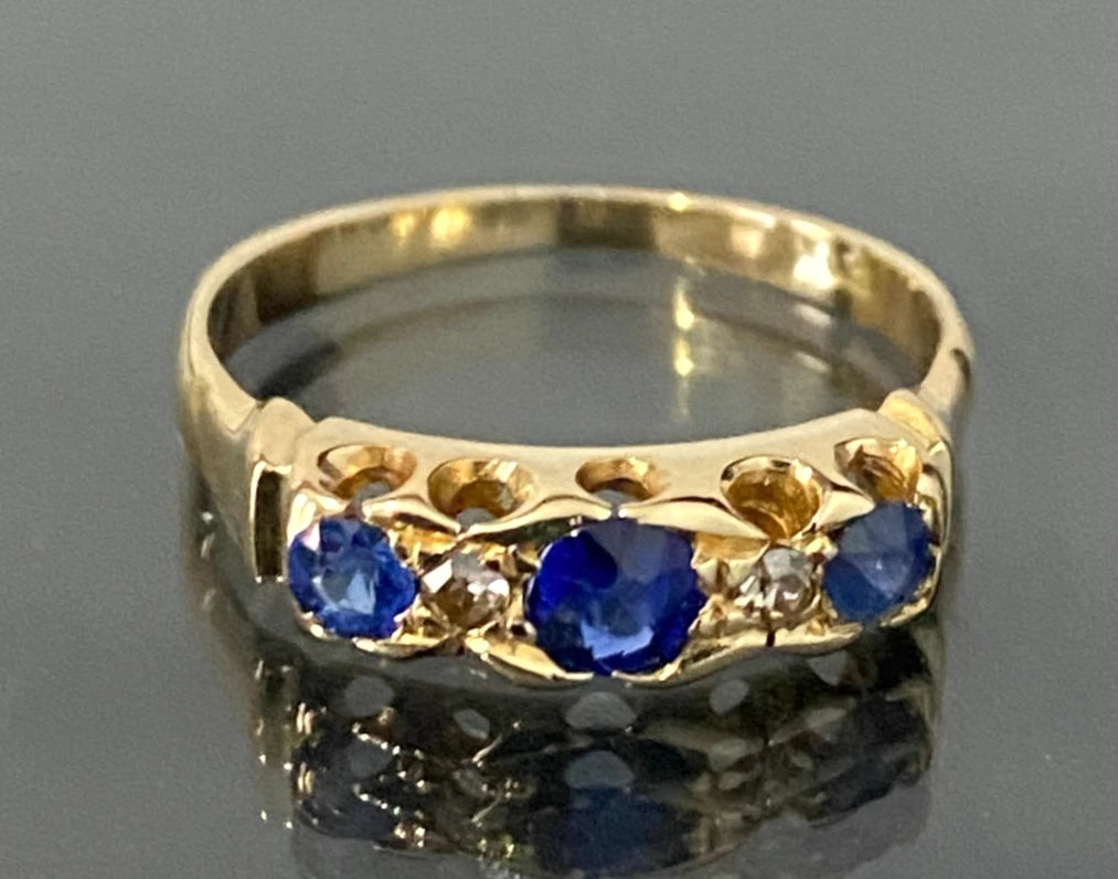 Edwardian 18K Yellow Gold W/ Sapphire & Diamond Ring Size N - 6 3/4