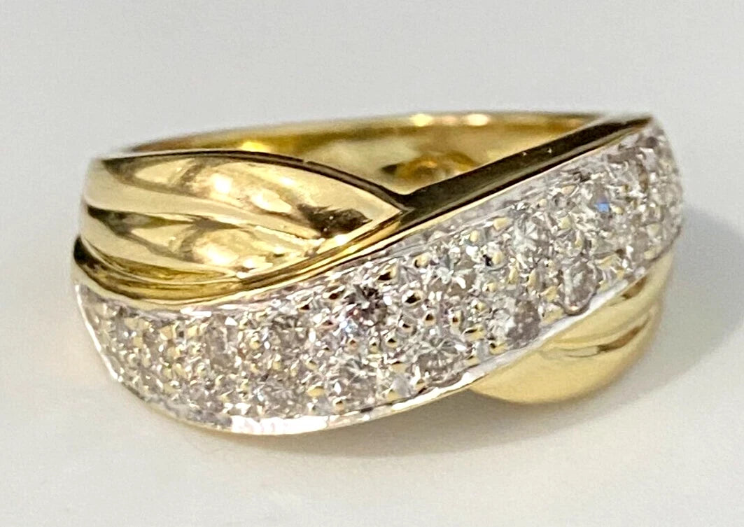 Heavy 18K Yellow Gold & 1.0CT Diamond Crossover Ring Size Q - 8