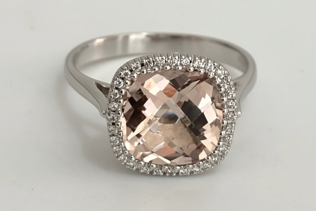 18ct White Gold Morganite & Diamond Halo Ring – Cushion Cut - Size M (US 6.25)