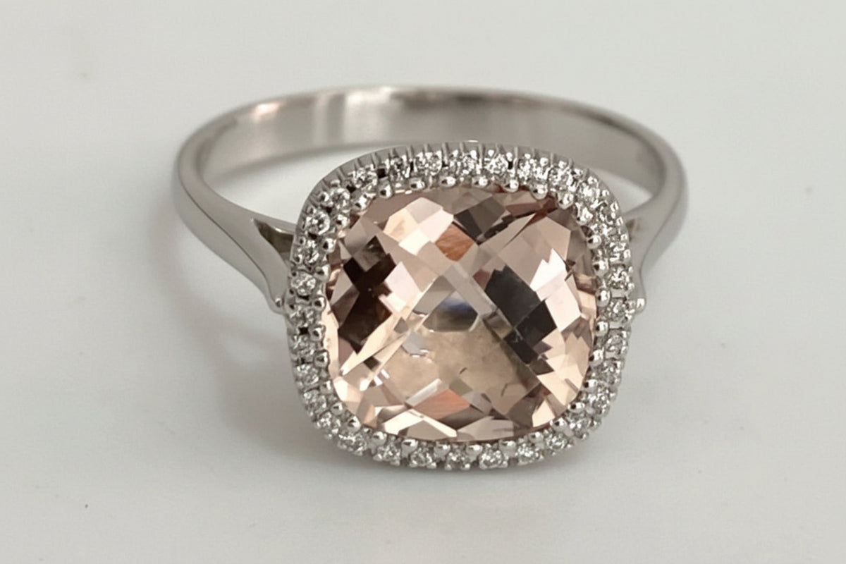 18ct White Gold Morganite & Diamond Halo Ring – Cushion Cut - Size M (US 6.25)