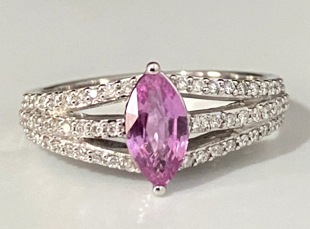 18K White Gold W/Pink Sapphire & Diamond Ring Size N 1/2 - 7