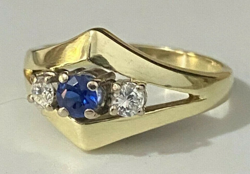 14K Yellow Gold W/ 0.20CT Diamond & Sapphire Ring Size N 1/2 - 6 3/4