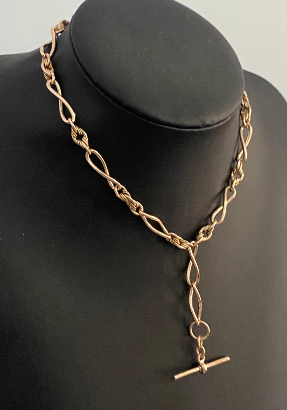 Victorian 9K Rose Gold Infinity & Knot Link Albert Chain With T-Bar