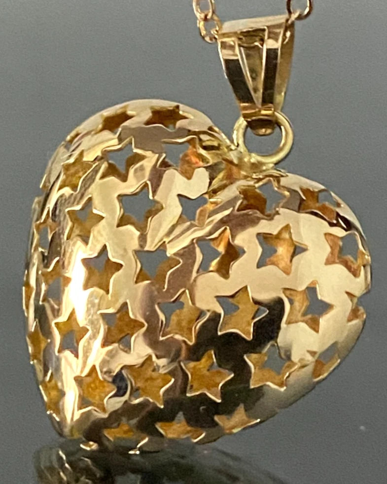 Italian 18K Yellow Gold Star Heart Pendant 30.50mm High