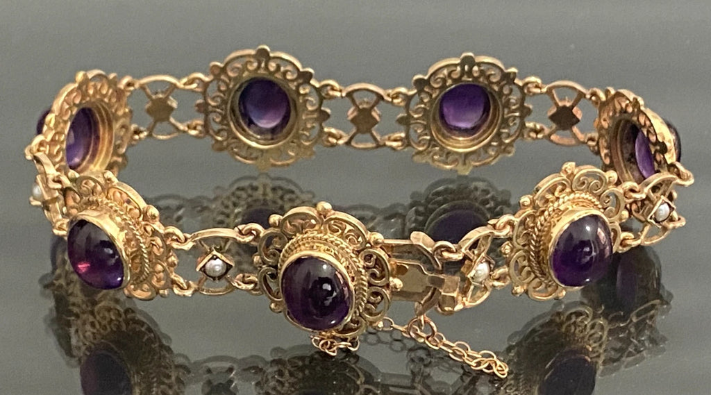 1970's 9K Yellow Gold Amethyst & Pearls Open Scrollwork Bracelet - Vintage Jewellery