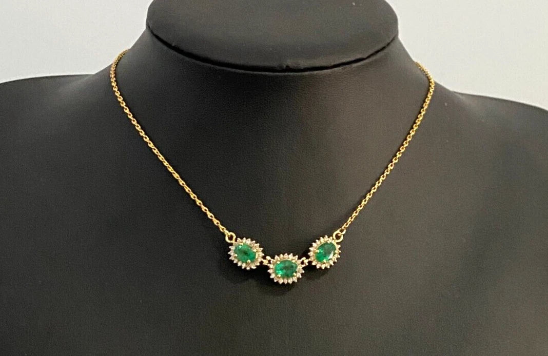18K Yellow Gold 2.25CT Emerald & Diamond Three Cluster Necklace