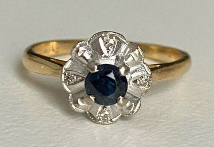 18K Yellow Gold W/ Sapphire & Diamond Cluster Ring Size L 1/2 - 5 7/8