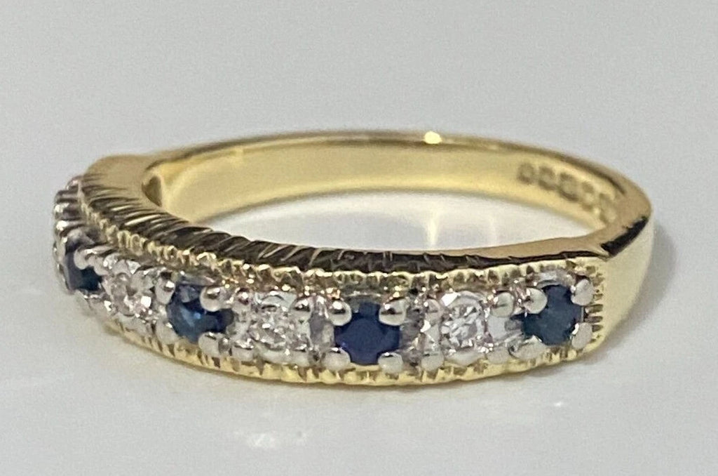 18K Yellow Gold W/ Sapphire & Diamond Eternity Band Ring Size N - 6 1/2