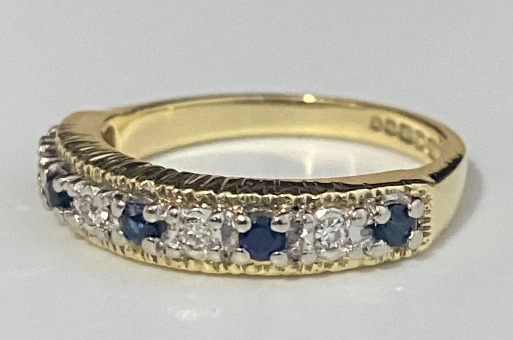 18K Yellow Gold W/ Sapphire & Diamond Eternity Band Ring Size N - 6 1/2