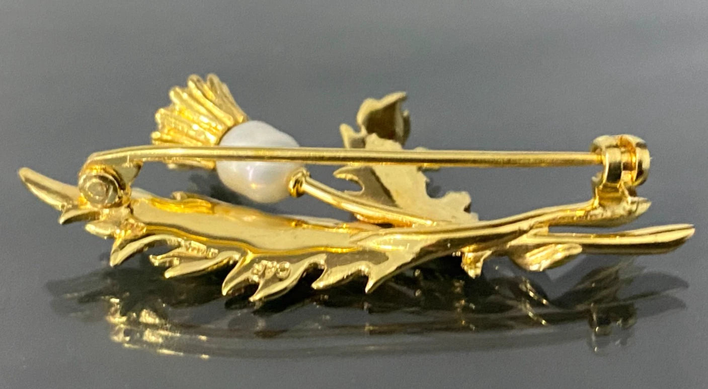1970's 9K Yellow Gold & Pearls Scottish Thistle Flower Brooch 44.0mm Long