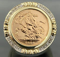 22K Gold Full Sovereign Coin W/ Diamond in 9K Gold Ring Size U - 10 1/2