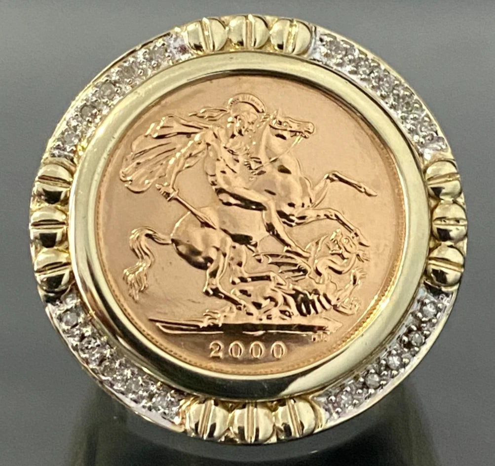 22K Gold Full Sovereign Coin W/ Diamond in 9K Gold Ring Size U - 10 1/2