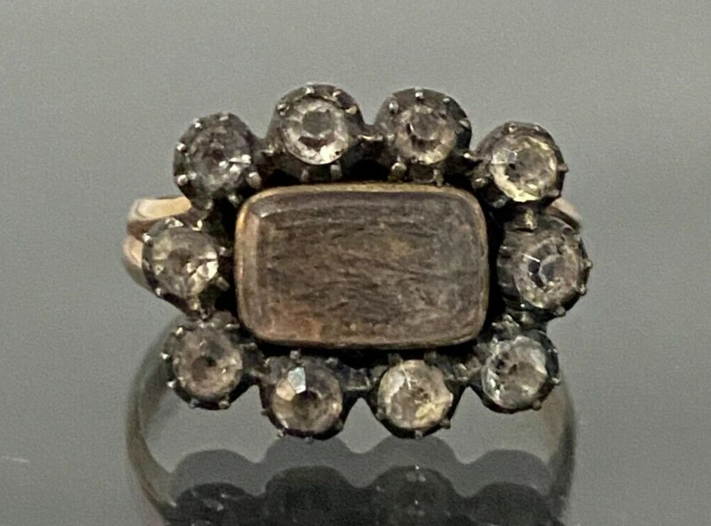 Georgian 9K Rose Gold & Hairwork Memorial Ring Size I 1/2 - 4 1/2
