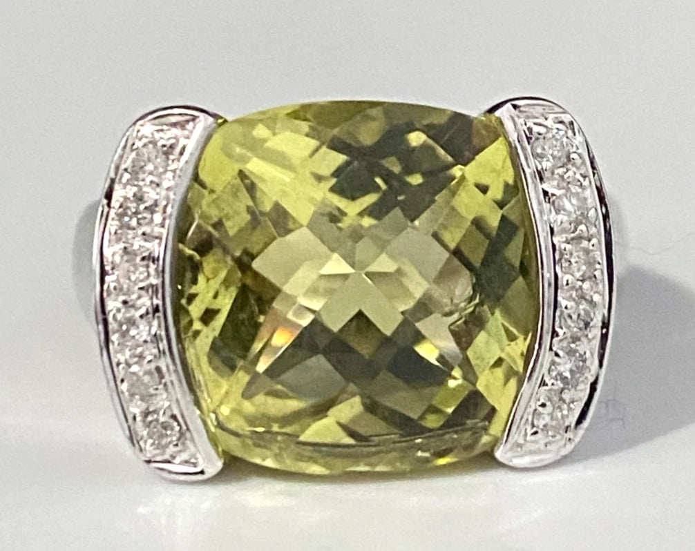 14K White Gold W/ Citrine & Diamond Ring Size N - 6 3/4