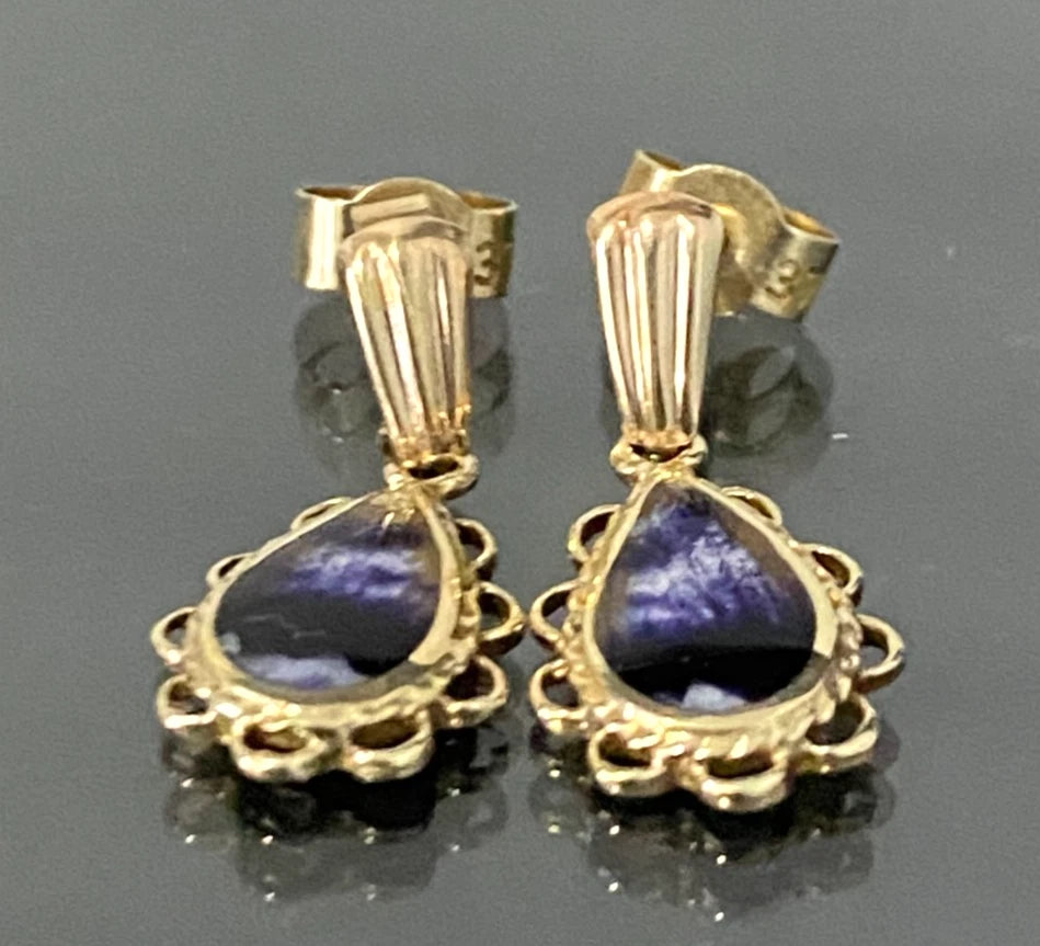 Vintage 9K Yellow Gold With Derbyshire Blue John Drop Earrings 19.0mm high