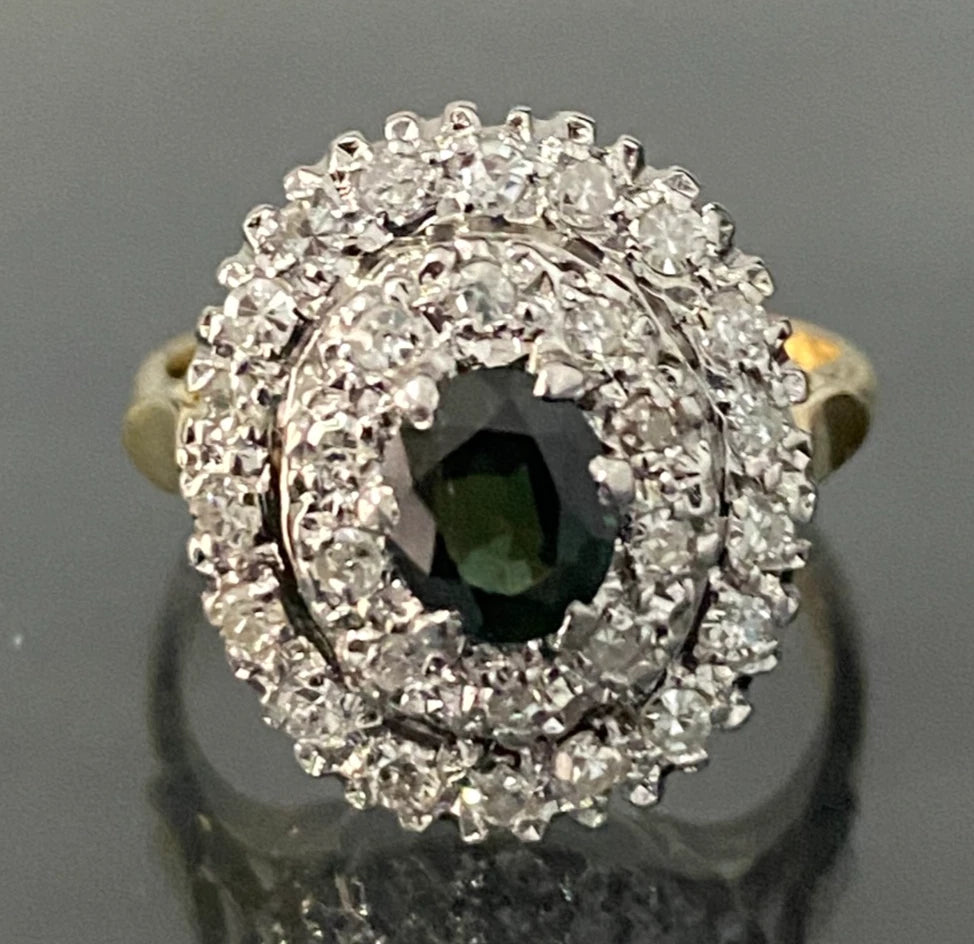 18K Yellow Gold W/ Green Sapphire & Diamond Cluster Ring Size N 1/2 - 7