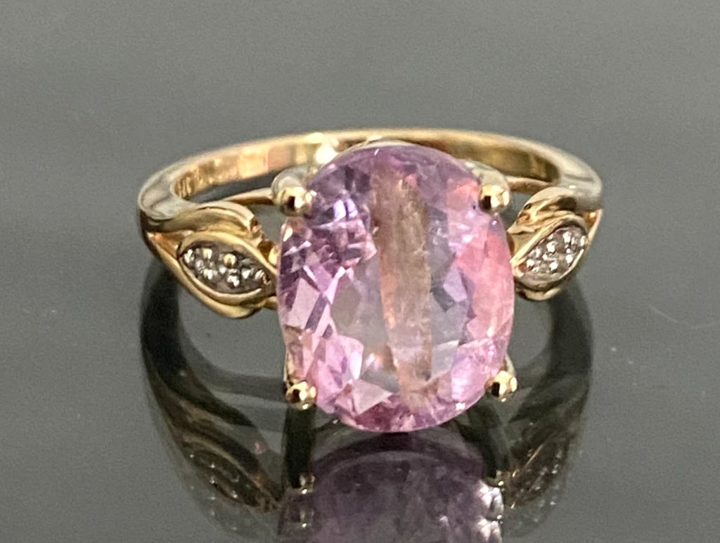 9K Yellow Gold Pink Fluorite & White Zircon Ring Size L (US 5.75)