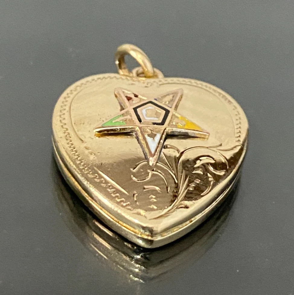 Antique 9K Yellow Gold Eastern Star Heart Locket Pendant