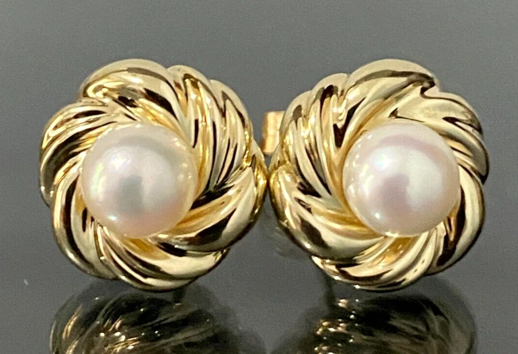 9K Yellow Gold & White Pearl Stud Earrings 12.85mm