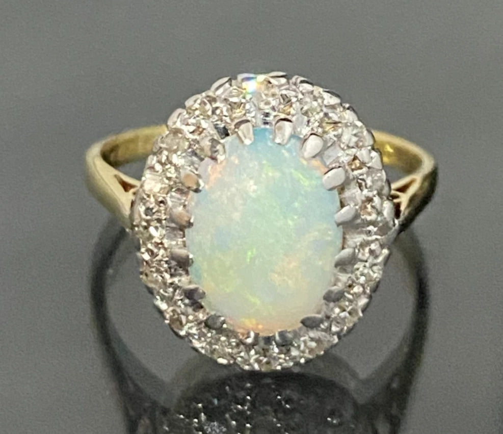Vintage 18K Yellow Gold Opal & Diamond Cluster Ring Size L - 5 7/8