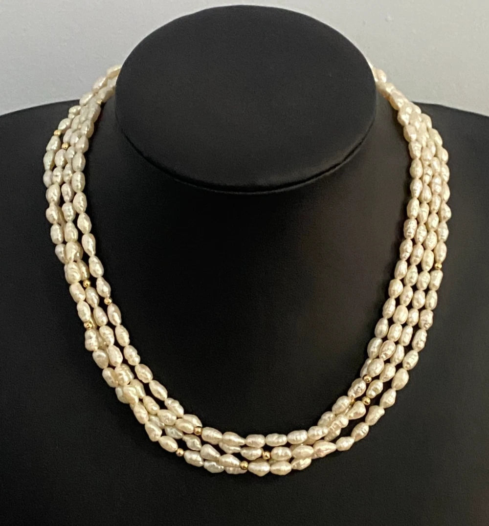 White Cultured Pearl Multi-Strand Necklace W/ 14K Yellow Gold Clasp 44cm Long