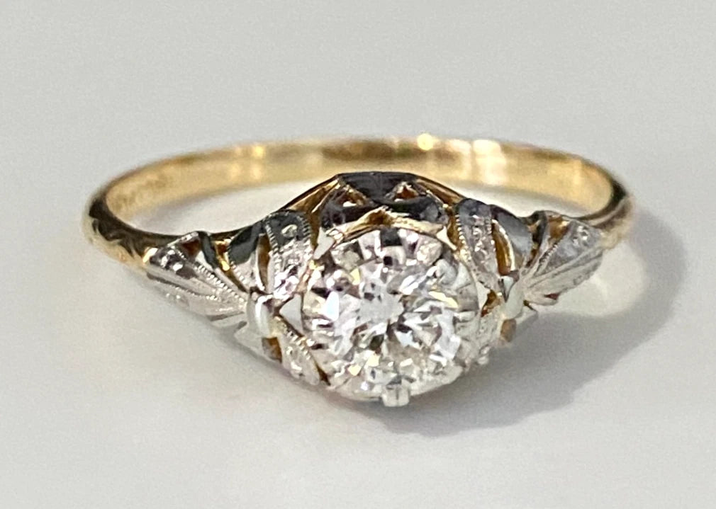 18K Yellow Gold & Platinum 0.25CT Diamond Filigree Ring Size Q 1/2 - 8 5/8