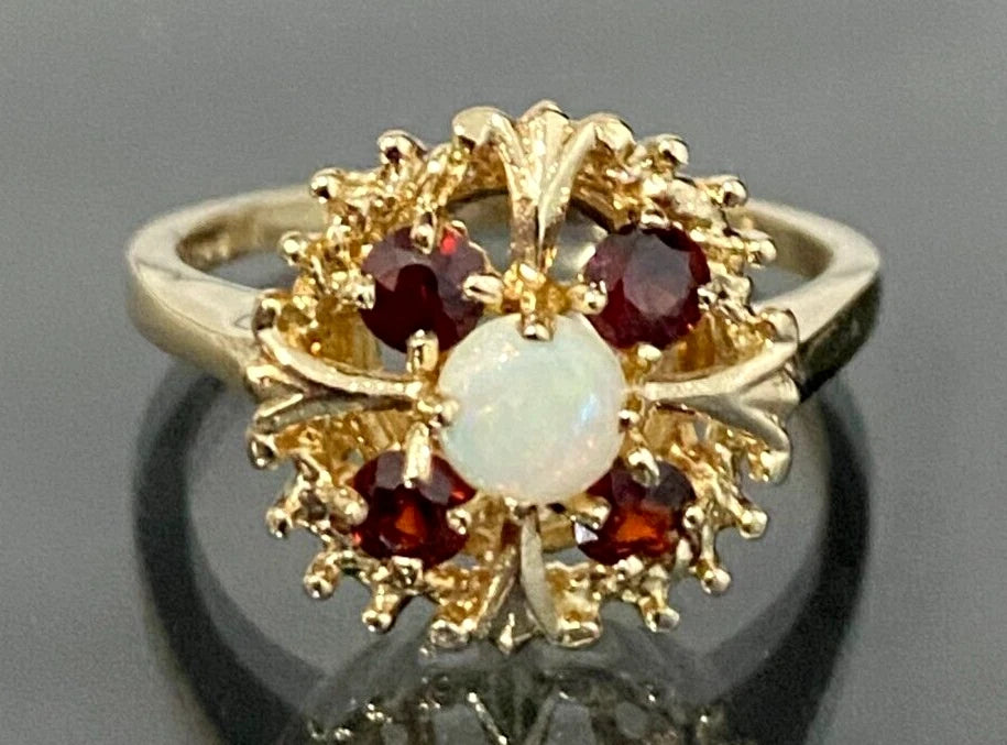9K Yellow Gold W/ Opal & Garnet Ring Size M - 6
