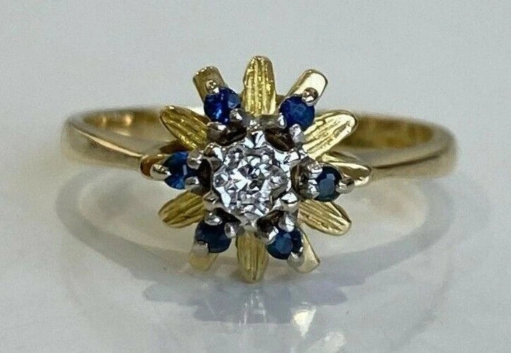 18K Yellow Gold W/ Sapphire & Diamond Flower Ring Size L 1/4 - 5 3/4
