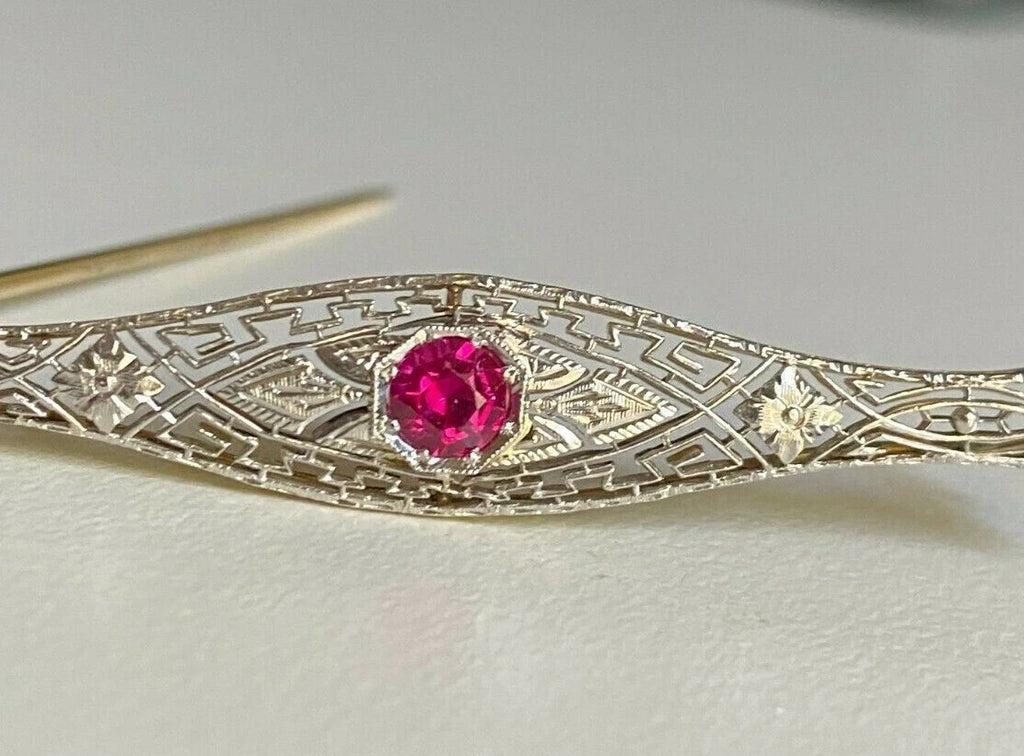 An Early 14K Gold & Ruby Filigree Brooch Pin 64.5mm