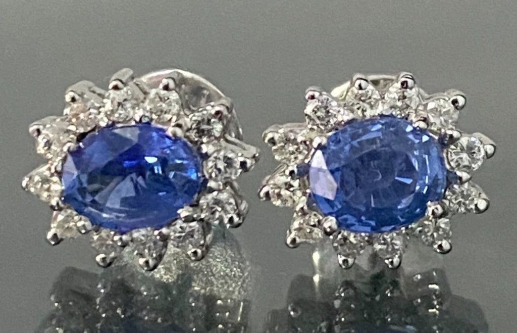 14K White Gold W/Sapphire & Diamond Cluster Stud Earrings 10.80mm