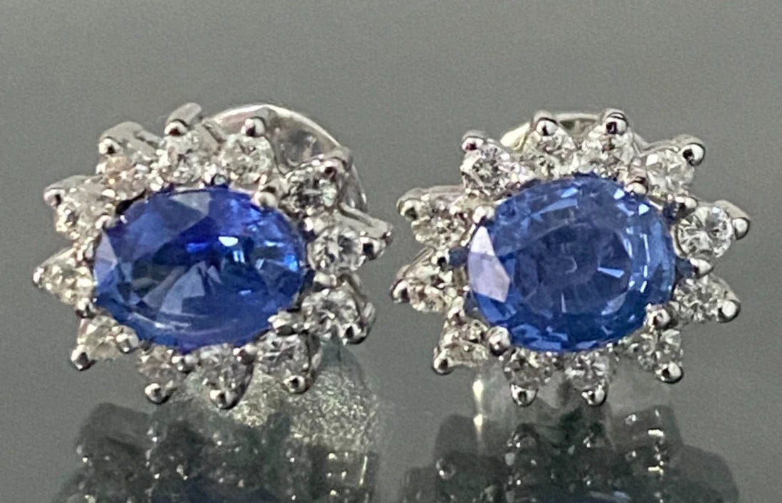 14K White Gold W/Sapphire & Diamond Cluster Stud Earrings 10.80mm