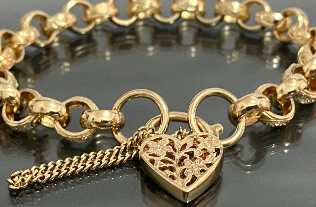 9K Yellow Gold Belcher Link Filigree Heart Padlock Bracelet