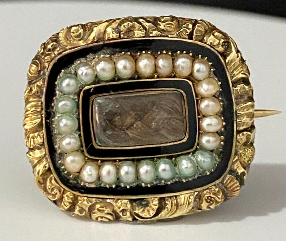 GEORGIAN 15K Gold Pearl & Woven Hairwork Enamel Memorial Brooch DATED 1822