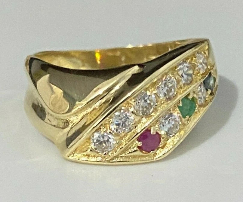 14K Yellow Gold W/ Ruby Sapphire Emerald & CZ Stone Dress Ring Size P - 7 1/2