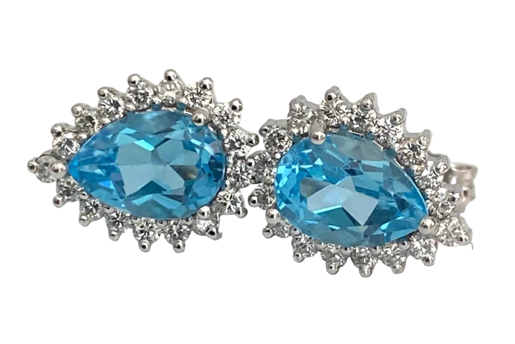 18K White Gold Topaz & 0.60CT Diamond Pear Shaped Cluster Stud Earrings