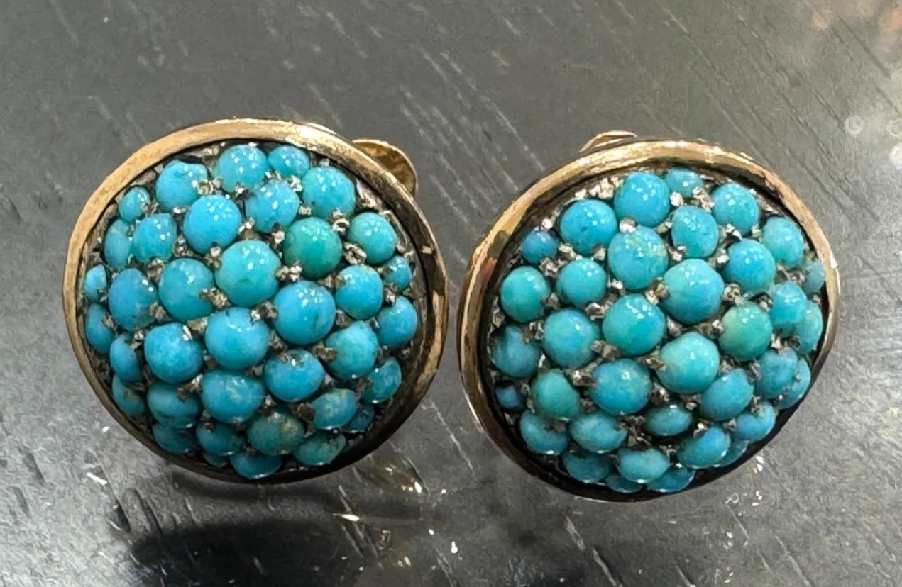 Art Nouveau 14K Yellow Gold & Turquoise Screw Back pavé Dome Earrings 16.0mm