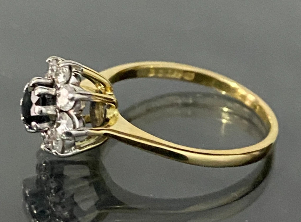 18K Yellow Gold W/ Sapphire & 0.25CT Diamond Cluster Ring Size M - 6 1/4