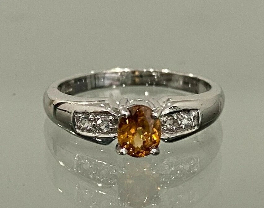 9K White Gold W/ Citrine & White Zircon Ring Size N 1/2 - 6 3/4