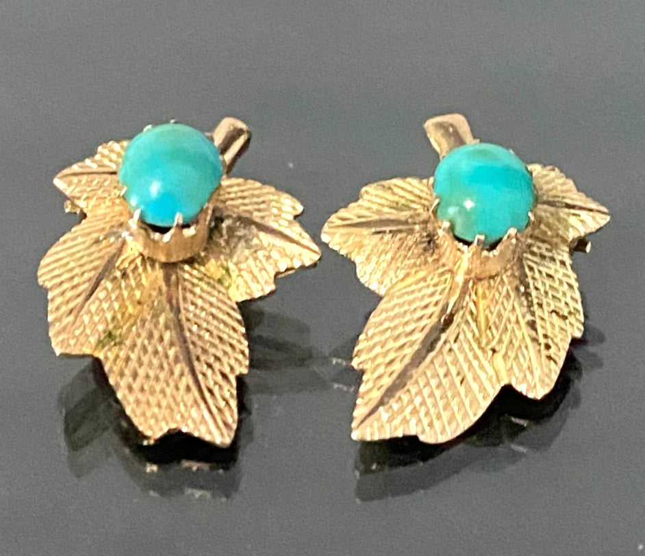 A mid 20th 14K Yellow Gold & Turquoise Clip On Leaf Earrings